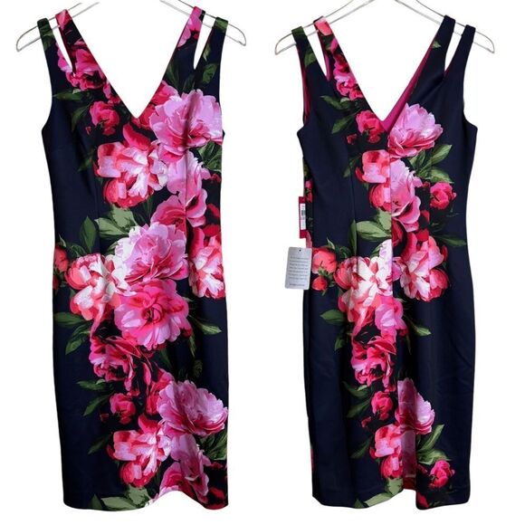 Vince Camuto Navy & Pink Floral Sheath Dress Knee Length Size 6 NEW Office Work - Picture 2 of 16